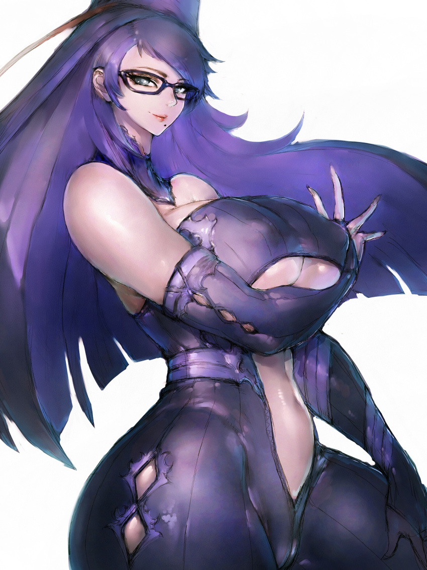 1girl arm_under_breasts bangs bare_shoulders bayonetta bayonetta_(character) black-framed_eyewear breasts center_opening curvy fumio_(rsqkr) glasses hat highres large_breasts long_hair looking_at_viewer mole mole_under_mouth platinum_games_inc. purple_hair purple_nails red_lips sega smile solo swept_bangs thick_thighs thighs underboob_cutout