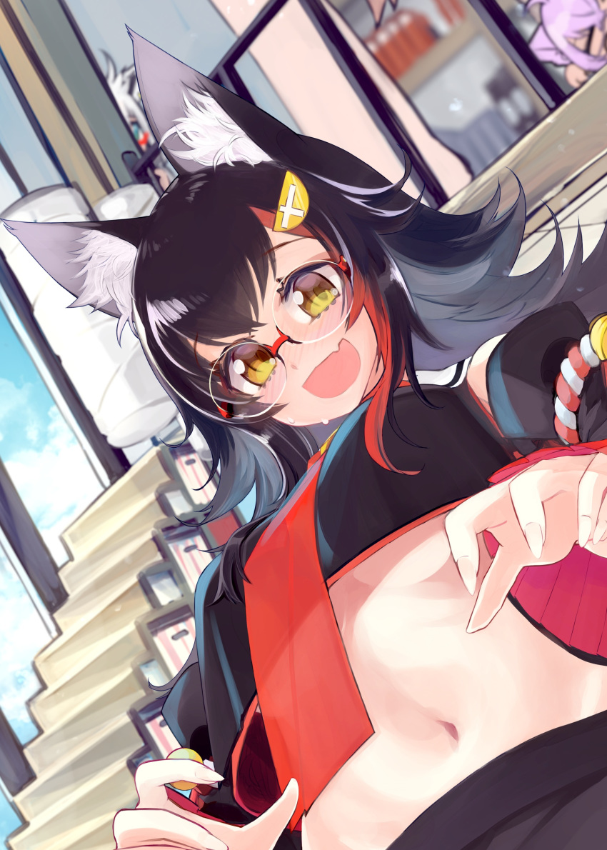 1girl :d absurdres animal_ear_fluff animal_ears bell bespectacled black_hair blush breasts commentary_request detached_sleeves fang glasses hair_ornament hairclip highres hololive indoors long_hair long_sleeves looking_at_viewer midriff misonodenpati multicolored_hair navel ookami_mio open_mouth redhead skin_fang sleeveless smile solo_focus streaked_hair sweat upper_body virtual_youtuber wolf_ears yellow_eyes