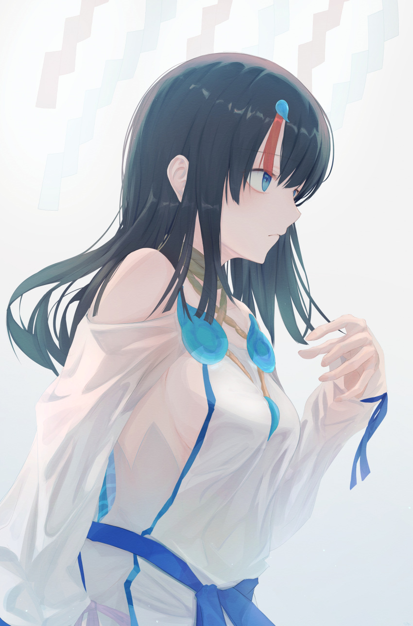 1girl absurdres artist_request bangs bare_shoulders black_hair blue_eyes blue_ribbon blush breasts closed_mouth dress fate/requiem fate_(series) highres jewelry long_sleeves magatama medium_breasts medium_hair multicolored_hair necklace pink_hair puffy_long_sleeves puffy_sleeves ribbon short_dress sideboob sideless_outfit streaked_hair utsumi_erise white_dress