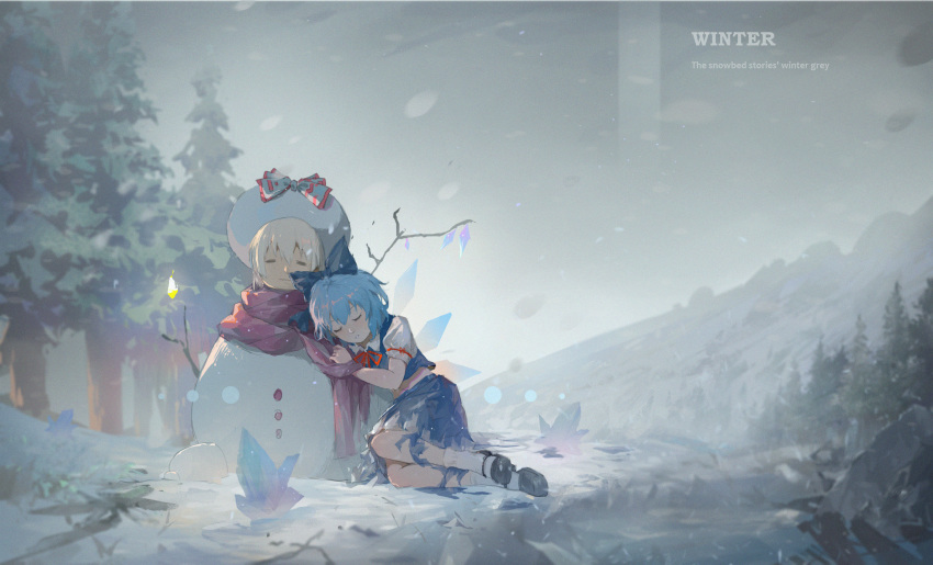 2girls black_footwear blue_bow blue_hair blue_skirt blue_vest bow chinese_commentary cirno closed_eyes commentary_request english_text fire flame fujiwara_no_mokou full_body hair_bow hand_up highres ice ice_wings leaning_on_person mary_janes multiple_girls neck_ribbon outdoors red_bow red_neckwear red_scarf ribbon scarf shirt shoes short_hair short_sleeves skirt snow snowflakes snowman socks touhou tree vest white_hair white_legwear white_shirt wings winter zzz_(orchid-dale)