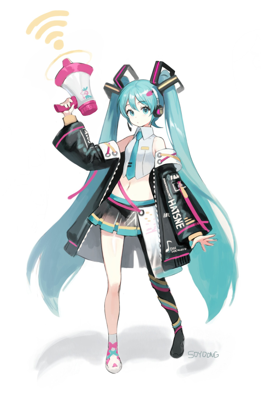 1girl absurdres aqua_eyes aqua_hair bare_shoulders black_jacket black_skirt collared_shirt crop_top full_body grey_shirt hair_ornament hand_up hatsune_miku headphones highres holding jacket long_hair looking_at_viewer megaphone midriff miniskirt mismatched_footwear navel necktie off_shoulder open_clothes open_jacket shadow shirt shoes short_necktie simple_background single_thighhigh skirt sleeveless sleeveless_shirt solo soyoong_jun standing stomach thigh-highs thighs very_long_hair vocaloid white_background wifi_symbol