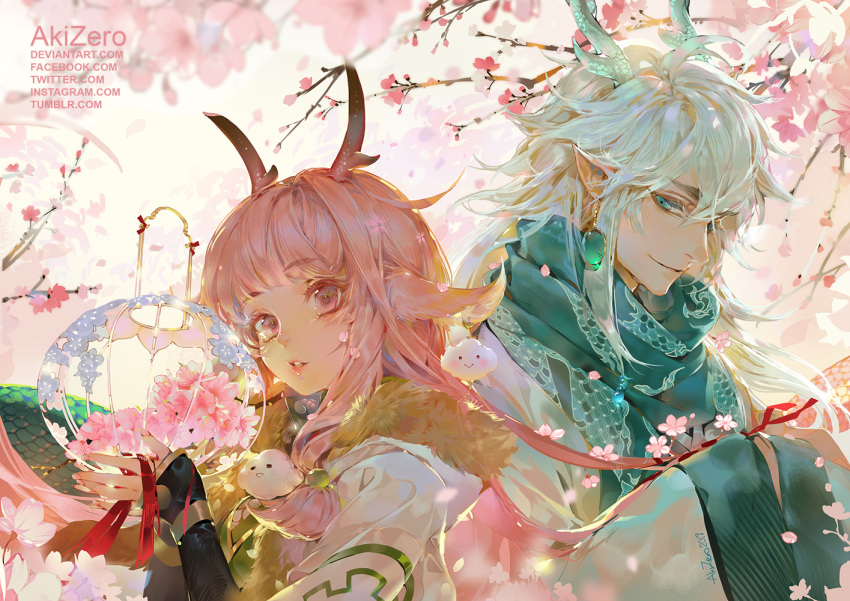 1boy 1girl animal_ears artist_name cherry_blossoms closed_mouth clouds copyright_request earrings elf flower gem green_kimono hair_ornament holding horns japanese_clothes jewelry kimono long_hair looking_at_another looking_away open_mouth pink_eyes pink_hair pointy_ears ribbon scales tagme teeth white_kimono zero1510