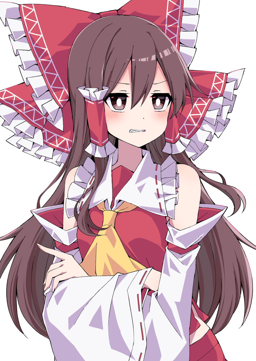 1girl absurdres ascot blush bow brown_eyes brown_hair clenched_teeth crossed_arms detached_sleeves eyebrows_visible_through_hair hair_between_eyes hair_bow hair_tubes hakurei_reimu highres long_hair looking_away red_bow simple_background solo teeth touhou tsukimirin white_background wide_sleeves yellow_neckwear