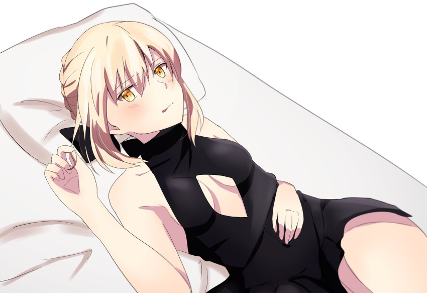 1girl artoria_pendragon_(all) black_ribbon blonde_hair blush breasts cleavage_cutout fate/grand_order fate_(series) hand_on_own_stomach highres looking_at_viewer lying on_back ribbon saber_alter sii_artatm small_breasts solo thighs tongue tongue_out white_background yellow_eyes