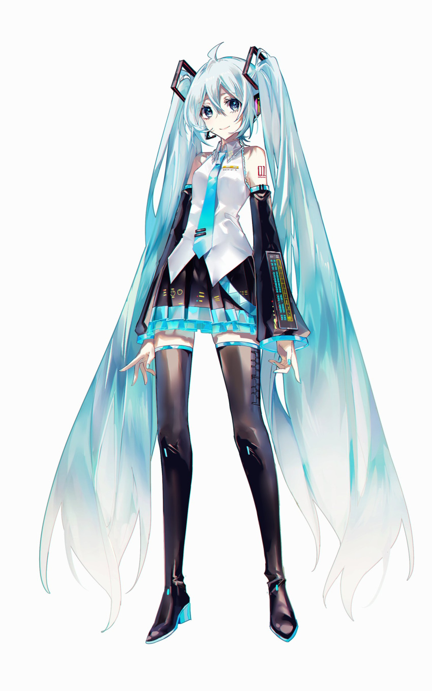 1girl absurdres ahoge aqua_hair bangs bare_shoulders black_footwear black_skirt blue_eyes blue_hair blue_nails blue_neckwear blush boots closed_mouth collar collared_shirt detached_sleeves eyebrows_visible_through_hair full_body hair_between_eyes hair_ornament hatsune_miku headphones headset highres lips long_hair long_sleeves looking_at_viewer nail_polish necktie number_tattoo nura_orimoto shirt shoulder_tattoo simple_background skirt smile solo standing tattoo thigh-highs thigh_boots twintails very_long_hair vocaloid white_background white_shirt wide_sleeves zettai_ryouiki