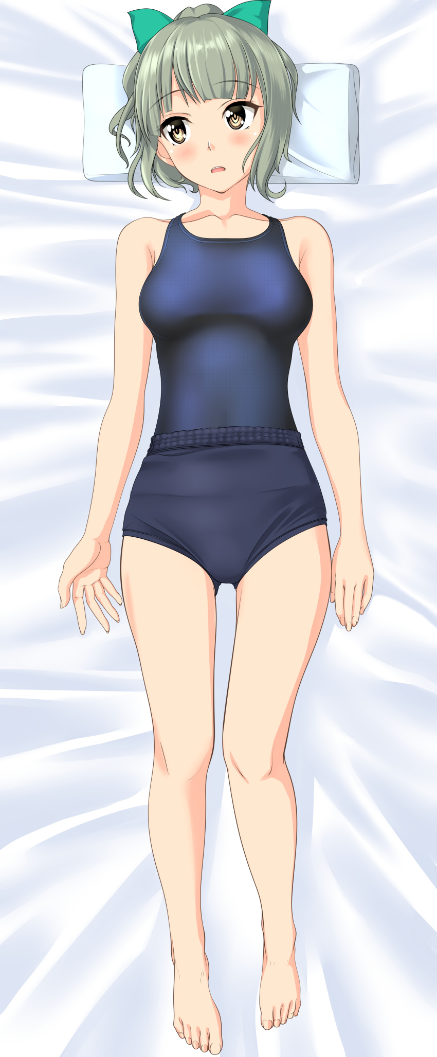 1girl absurdres barefoot bed blue_buruma blue_swimsuit bow buruma collarbone competition_swimsuit dakimakura facing_viewer from_above full_body green_bow grey_hair hair_bow highres kantai_collection looking_to_the_side lying one-piece_swimsuit pillow ponytail short_hair solo swimsuit swimsuit_under_clothes takafumi yuubari_(kantai_collection)