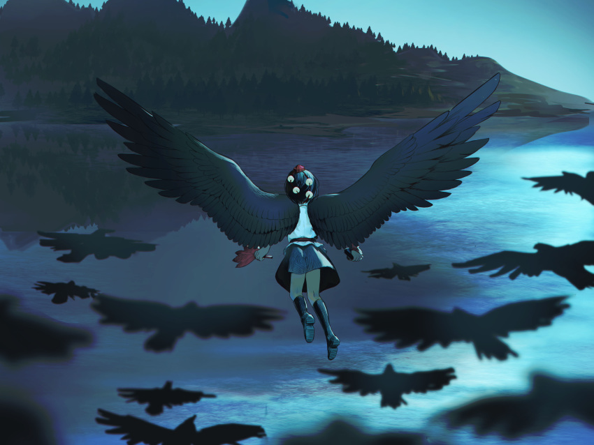 1girl absurdres bird black_footwear black_hair black_legwear black_skirt black_wings blurry_foreground camera commentary_request crow facing_away fan feather_fan feathered_wings flying forest from_above from_behind googerm hat highres holding holding_camera holding_fan kneehighs lake mountain nature pom_pom_(clothes) red_headwear reflection shameimaru_aya shirt short_hair skirt solo tokin_hat touhou twilight untucked_shirt white_shirt wings