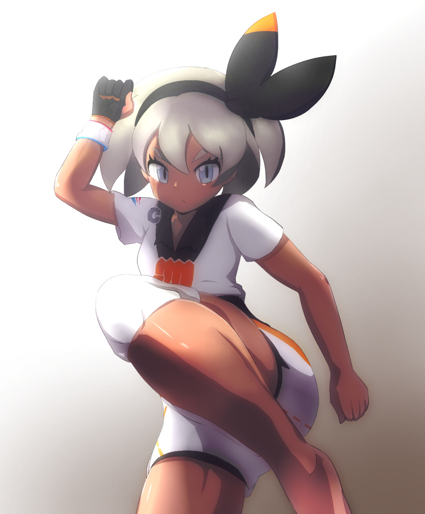 1girl arm_up bangs barefoot black_bodysuit black_hairband bodysuit bodysuit_under_clothes bow clenched_hands closed_mouth collared_shirt commentary_request dark_skin eyelashes feet gloves grey_eyes grey_hair gym_leader hairband highres knee_pads leg_lift looking_at_viewer medium_hair pokemon pokemon_(game) pokemon_swsh robert_m saitou_(pokemon) shiny shiny_skin shirt shorts single_glove solo two-tone_gloves white_shirt white_shorts wristband