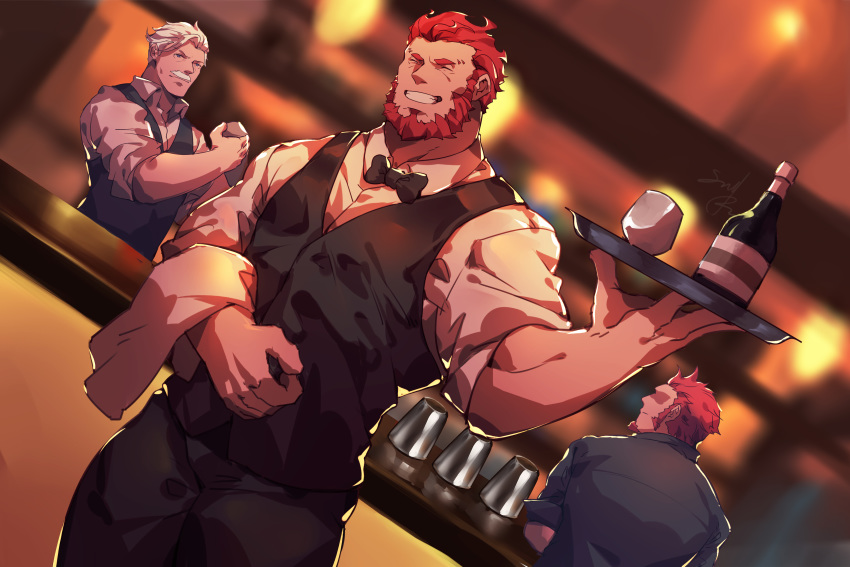 3boys absurdres alcohol alternate_costume bar bara bartender beard black_pants black_shirt black_vest blue_eyes bow bowtie brown_hair chest chinese_commentary closed_eyes closed_mouth cocktail_glass commentary_request cup drinking_glass facial_hair fate/grand_order fate_(series) glasses goatee grey_hair guoguo highres holding indoors iskandar_(fate) james_moriarty_(fate/grand_order) long_sleeves looking_to_the_side male_focus multiple_boys muscle mustache napoleon_bonaparte_(fate/grand_order) pants redhead shading_eyes shirt sideburns sitting sleeves_rolled_up smile thighs uniform upper_body vest waiter white_shirt