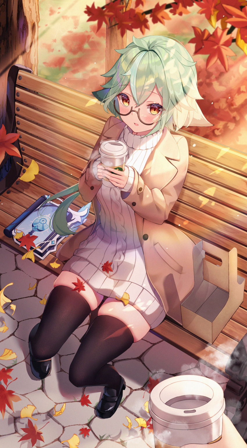 absurdres alternate_costume antenna_hair autumn autumn_leaves bench bitseon black_legwear blush book brown-framed_eyewear brown_coat casual coat cup day disposable_cup dress falling_leaves from_above full_body genshin_impact ginkgo_leaf glasses green_hair highres holding holding_cup leaf light_rays long_sleeves looking_at_viewer looking_up maple_leaf multicolored_hair on_bench open_clothes open_coat outdoors park_bench parted_lips pov red_eyes semi-rimless_eyewear short_hair sitting skindentation sleeves_past_wrists streaked_hair sucrose_(genshin_impact) sunbeam sunlight sweater sweater_dress thigh-highs thighs two-handed two-tone_hair under-rim_eyewear white_dress white_hair white_sweater zettai_ryouiki