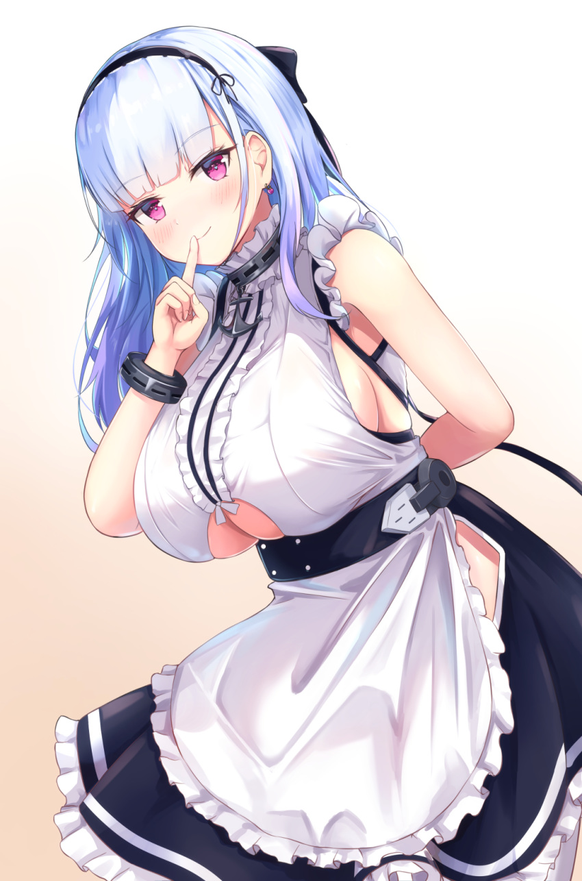 1girl apron arm_behind_back azur_lane bangs bare_shoulders black_bow black_hairband black_skirt blue_hair blunt_bangs blush bow bracelet breasts center_frills closed_mouth cowboy_shot dido_(azur_lane) earrings eyebrows_visible_through_hair finger_to_mouth frilled_apron frilled_shirt frilled_skirt frills gradient gradient_background hair_bow hairband highres index_finger_raised jewelry large_breasts leaning_forward long_hair looking_at_viewer misomiso_154 pink_background shirt shushing skirt sleeveless sleeveless_shirt smile solo under_boob underboob_cutout violet_eyes waist_apron white_apron white_shirt