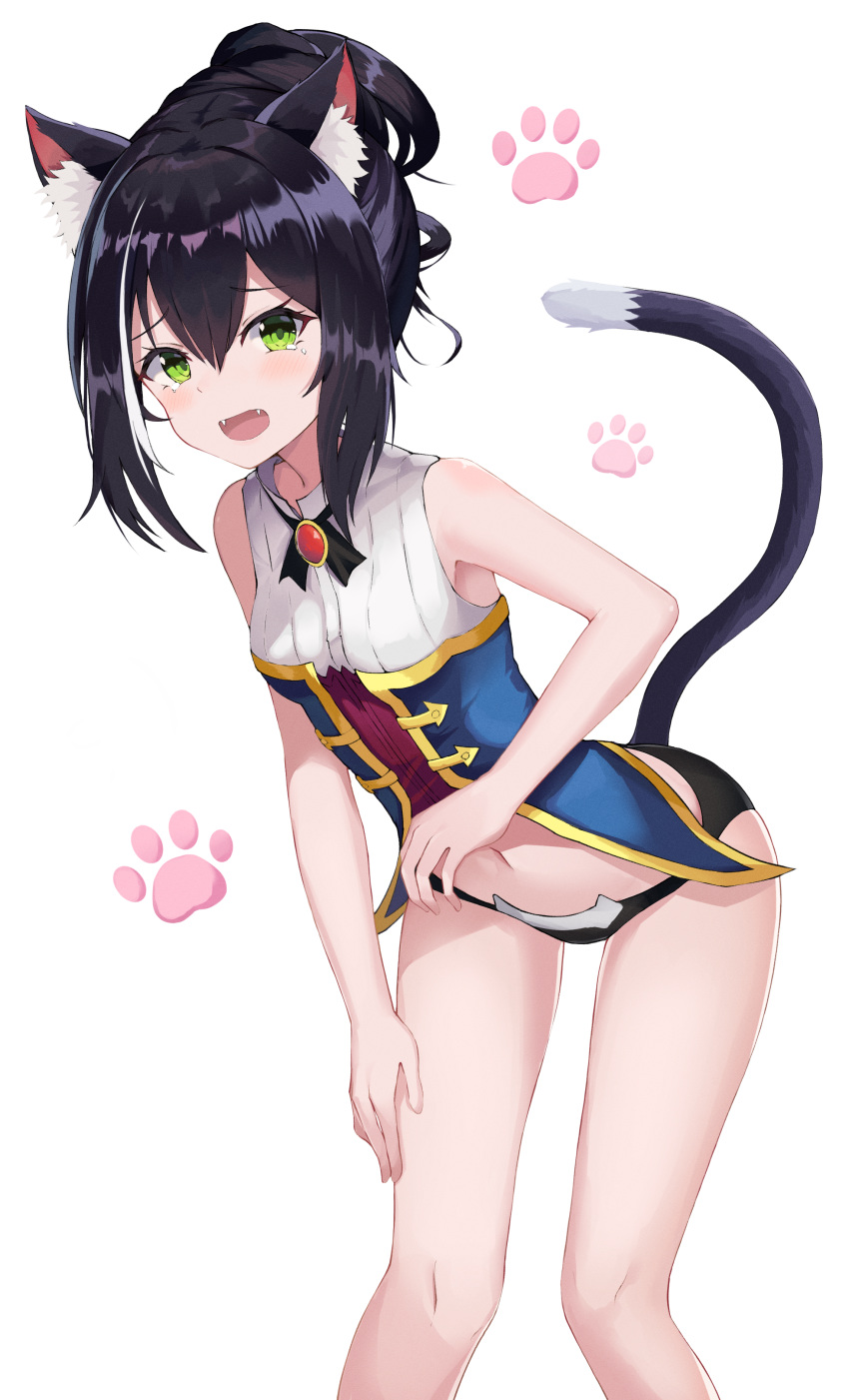 1girl absurdres animal_ear_fluff animal_ears bangs bare_arms bare_legs bare_shoulders black_hair black_panties blush breasts cat_ears cat_girl cat_lingerie cat_tail crying crying_with_eyes_open eyebrows_visible_through_hair fangs feet_out_of_frame green_eyes highres joo000118 karyl_(princess_connect!) leaning_forward looking_at_viewer meme_attire multicolored_hair navel open_mouth panties paw_background ponytail princess_connect! princess_connect!_re:dive sidelocks sleeveless small_breasts solo standing streaked_hair tail tears underwear vest white_background white_hair