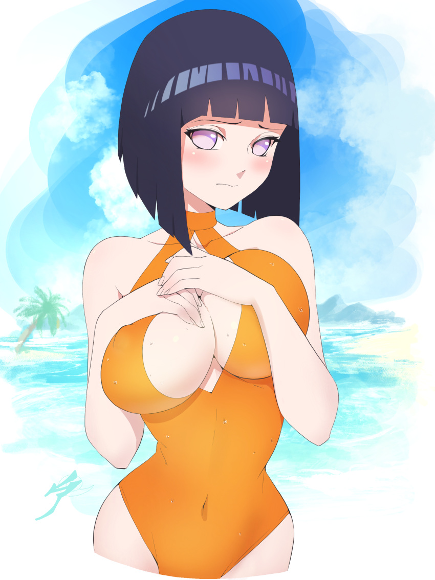 1girl absurdres aetherion bangs beach blunt_bangs blush bob_cut breasts covered_nipples half-closed_eyes hands_on_own_chest highres hyuuga_hinata inverted_bob large_breasts looking_at_viewer naruto naruto_(series) orange_swimsuit purple_hair short_hair solo swimsuit violet_eyes wet