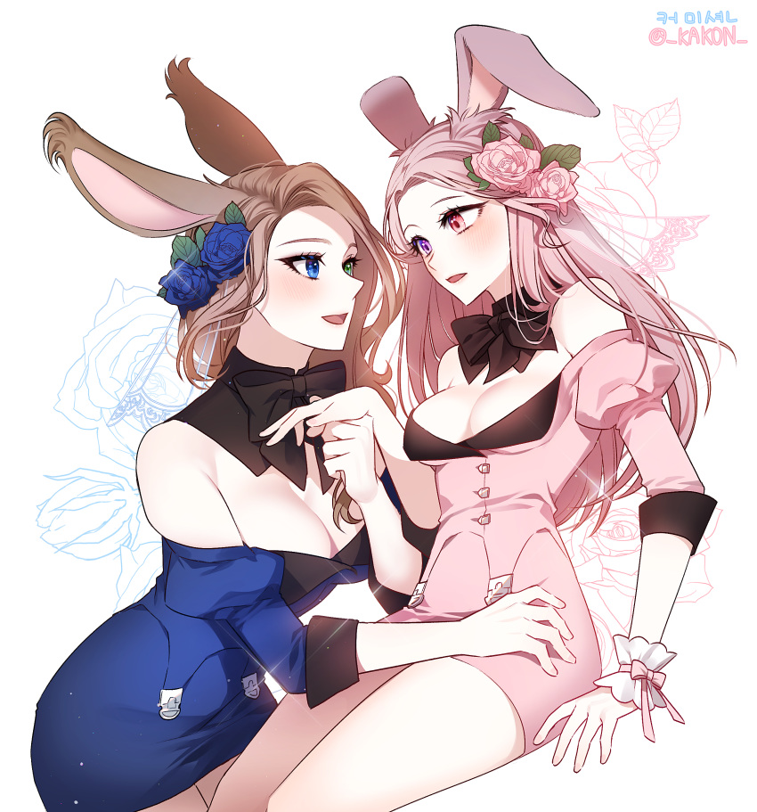 2girls absurdres animal_ears bare_shoulders black_bow black_neckwear blue_eyes blue_flower blue_rose blue_shirt blue_skirt blush bow bowtie breasts brown_hair detached_collar eye_contact eyelashes final_fantasy final_fantasy_xiv floral_background flower green_eyes hair_flower hair_ornament heterochromia highres holding_hand invisible_chair iso1206 large_breasts long_hair looking_at_another medium_breasts miniskirt multiple_girls off_shoulder pencil_skirt pink_flower pink_hair pink_rose pink_shirt pink_skirt rabbit_ears red_eyes rose shirt sitting skirt skirt_set sleeves_past_elbows smile sparkle viera violet_eyes white_background wrist_cuffs yuri