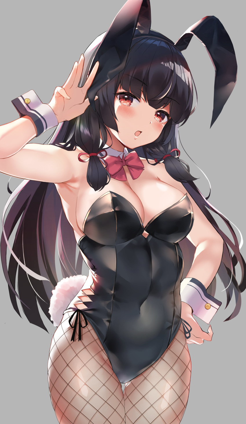 1girl absurdres animal_ears armpits black_hair black_leotard blush bow bowtie breasts bunny_pose bunny_tail bunnysuit collar cowboy_shot detached_collar fake_animal_ears fingernails fishnet_legwear fishnets grey_background hair_ribbon highres isokaze_(kantai_collection) kantai_collection large_breasts leotard long_hair looking_at_viewer monoto open_mouth pantyhose rabbit_ears red_bow red_eyes red_neckwear ribbon simple_background tail wrist_cuffs