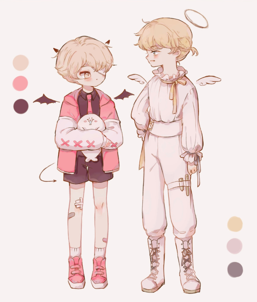 2boys angel angel_and_devil angel_wings arm_at_side arm_warmers bandage_over_one_eye bandaid_on_leg bangs black_shorts blonde_hair blush braid color_guide cross-laced_clothes cross-laced_footwear demon_horns demon_tail demon_wings eye_contact full_body hair_over_one_eye hand_on_hip highres horns jacket kagamine_len looking_at_another looking_to_the_side multiple_boys neck_ribbon necktie oliver_(vocaloid) one_eye_covered pants pink_jacket pink_neckwear pink_shorts ponytail profile ribbon seal shirt shoes shorts socks standing tail tency traditional_media vocaloid watercolor_(medium) white_footwear white_legwear white_pants white_shirt white_wings wings yellow_ribbon