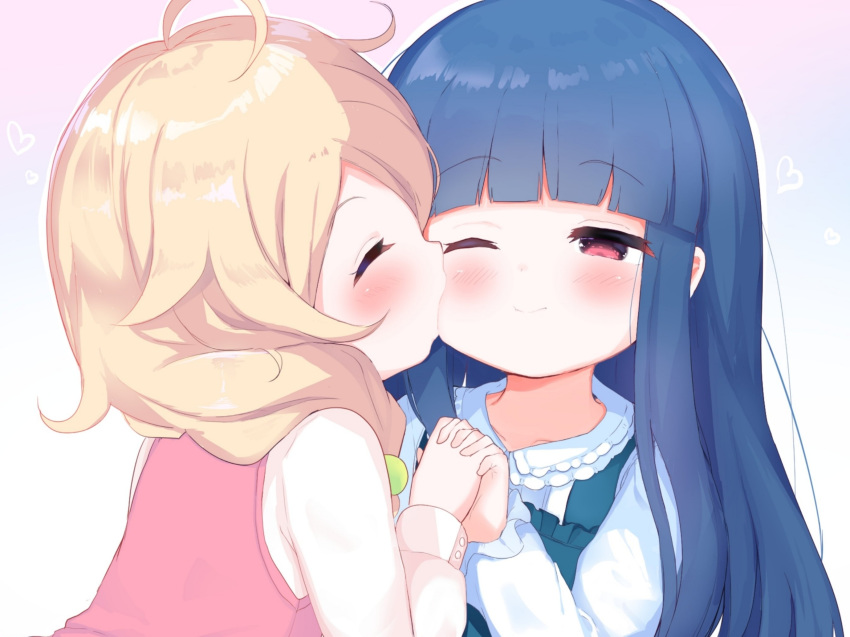 2girls ;) ahoge blonde_hair blue_dress blue_hair blush cheek_kiss closed_eyes closed_mouth collared_shirt commentary_request dress gradient gradient_background half-closed_eye heart highres holding_hands idolmaster idolmaster_cinderella_girls interlocked_fingers kiss long_hair long_sleeves multiple_girls one_eye_closed outline pink_background pink_dress profile red_eyes sajou_yukimi shirt sleeveless sleeveless_dress smile upper_body white_background white_outline white_shirt yinpa_(wanone500511) yuri yusa_kozue