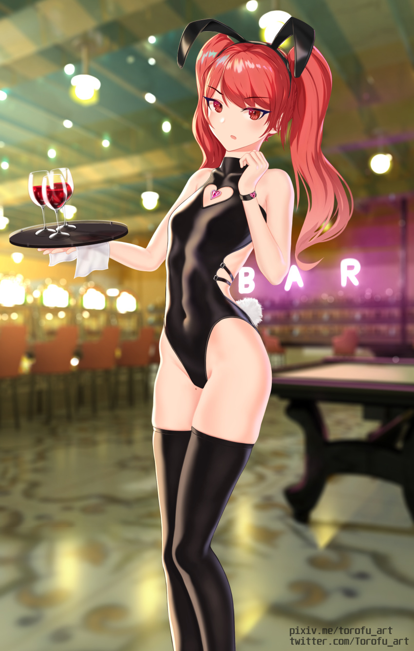 1girl absurdres bar bare_shoulders black_legwear black_leotard blush breasts bunny_tail bunnysuit dress eyebrows_visible_through_hair frederica_nikola_tesla hair_between_eyes hair_ornament hair_ribbon highres honkai_(series) honkai_impact_3rd leotard long_hair looking_at_viewer open_mouth pantyhose red_eyes redhead ribbon shiny shiny_hair small_breasts solo standing tail thigh-highs thighs torofu twintails