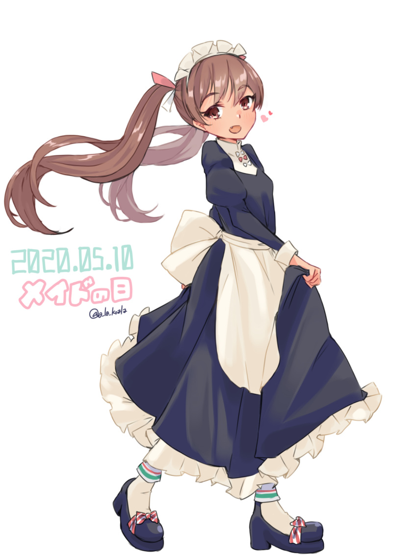 1girl alakoala alternate_costume apron black_dress black_footwear brown_eyes brown_hair dated dress enmaided fang frilled_apron frills highres kantai_collection libeccio_(kantai_collection) long_hair looking_at_viewer maid maid_day maid_headdress open_mouth simple_background skirt_hold smile solo tan twintails waist_apron white_apron white_background