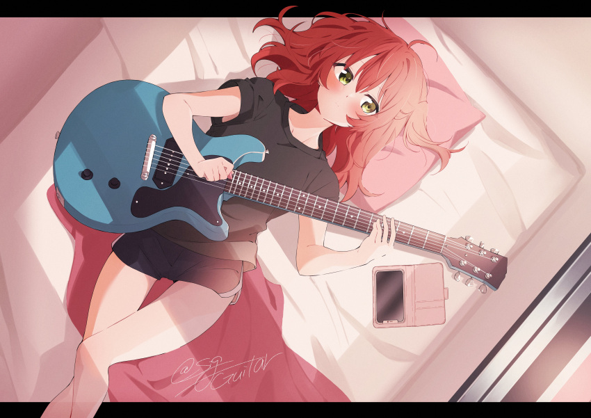 1girl absurdres ahoge bedroom black_shirt bocchi_the_rock! casual cellphone dolphin_shorts electric_guitar expressionless from_above guitar highres holding holding_guitar holding_instrument instrument kita_ikuyo letterboxed light_rays lying messy_hair on_back on_bed phone redhead shigure_(sigre) shirt shorts smartphone solo sunbeam sunlight thigh_gap yellow_eyes