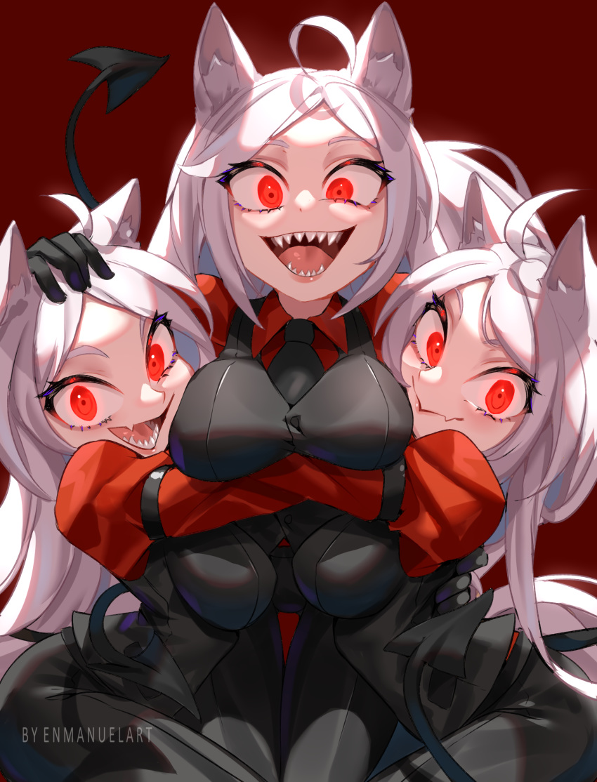 3girls ahoge animal_ear_fluff animal_ears black_gloves black_neckwear black_vest breasts cerberus_(helltaker) closed_mouth demon_girl demon_tail enmanuelart20 eyelashes fang gloves glowing glowing_eyes hand_on_another's_head helltaker highres hug large_breasts long_hair looking_at_viewer matching_outfit multiple_girls necktie open_mouth pants red_background red_eyes red_shirt sharp_teeth shirt siblings simple_background skin_fang smile symmetry tail teeth thigh_gap triplets vest watermark white_hair wolf_ears