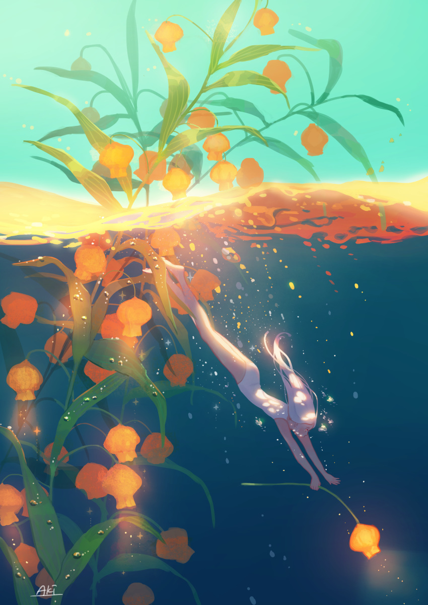 absurdres air_bubble aki_a0623 bare_arms bare_legs barefoot bubble commentary_request dappled_sunlight day diving flower flower_request freediving from_side glowing glowing_flower highres holding holding_flower long_hair nature one-piece_swimsuit orange_flower original outstretched_arms partially_underwater_shot plant plantar_flexion profile sky solo sparkle submerged sunlight swimming swimsuit underwater white_hair white_swimsuit
