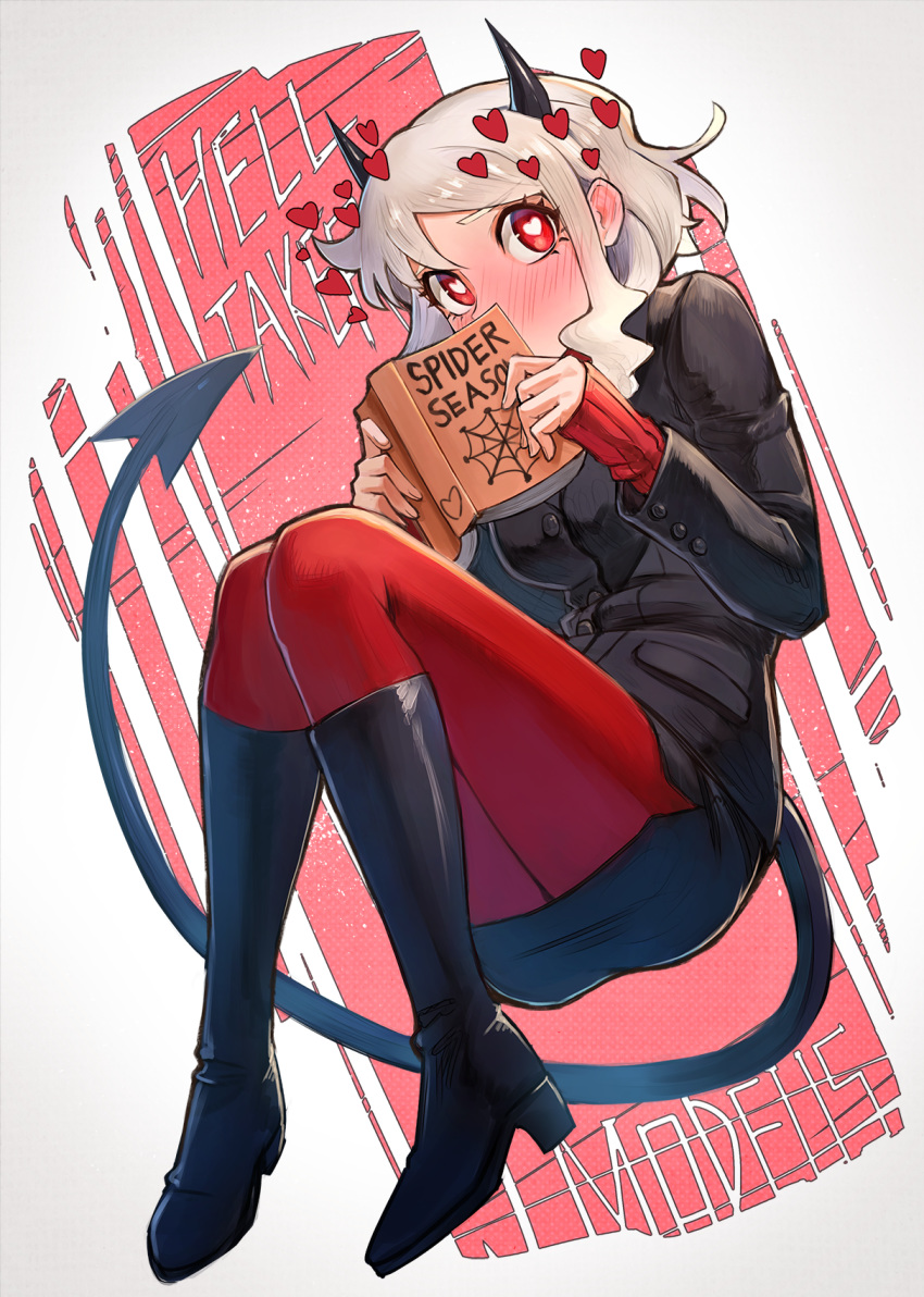 1girl background_text black_coat black_footwear blush book boots breasts bright_pupils coat demon_girl demon_horns demon_tail ear_blush full-face_blush full_body heart heart-shaped_pupils helltaker high_heel_boots high_heels highres holding holding_book horns knee_boots kuroi_susumu long_sleeves looking_at_viewer medium_breasts modeus_(helltaker) open_book pantyhose red_eyes red_legwear short_hair sidelocks silver_hair sleeves_past_wrists solo symbol-shaped_pupils tail two-tone_background