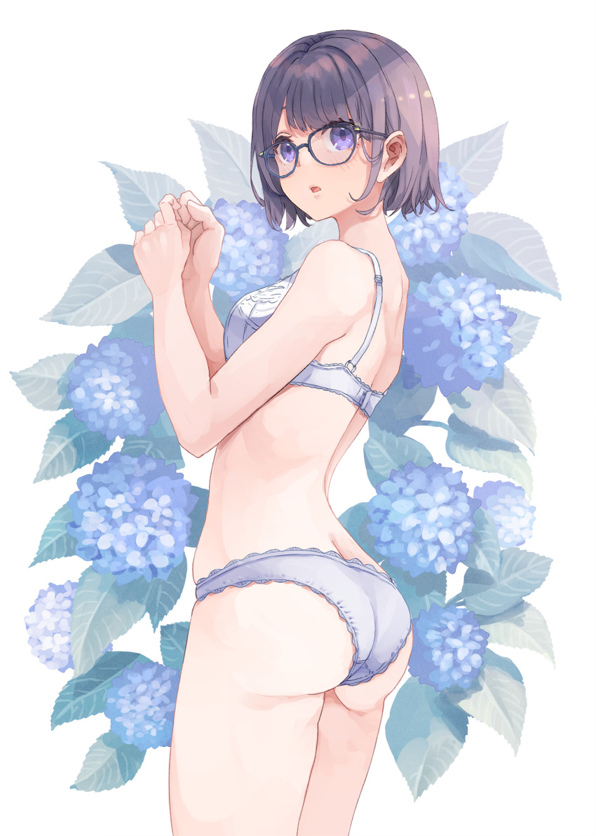 1girl :o akira_(mr_akira) ass bangs bare_arms bare_shoulders black-framed_eyewear blush bra breasts cowboy_shot floral_background flower from_side glasses hands_up highres hydrangea looking_at_viewer looking_to_the_side medium_breasts open_mouth original own_hands_together panties purple_hair short_hair solo thighs underwear underwear_only violet_eyes white_bra white_panties