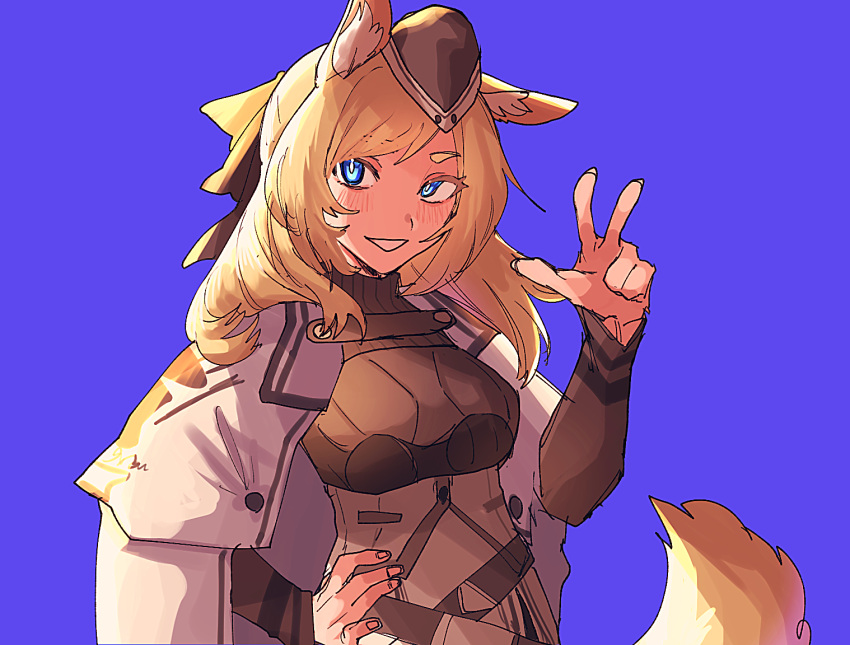 1girl animal_ears arknights armor bangs black_headwear black_sweater blonde_hair blue_background blue_eyes breastplate cloak commentary_request garrison_cap hand_on_hip hand_up hat horse_ears horse_tail kawaii_inu5 long_hair long_sleeves looking_at_viewer open_mouth ribbed_sweater simple_background smile solo sweater tail teeth thick_eyebrows upper_body w whislash_(arknights) white_cloak