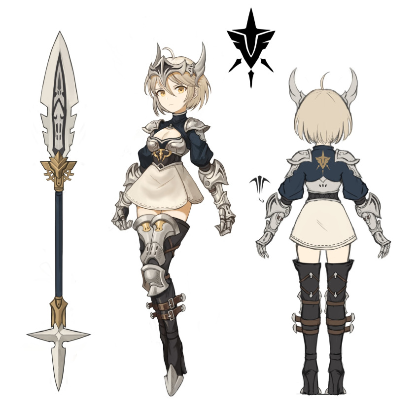 1girl ahoge arm_armor armor blonde_hair breasts character_sheet flat_color floating from_behind full_body hair_between_eyes high_heels highres lance medium_breasts multiple_views original polearm short_hair shoulder_armor shrug_(clothing) simple_background skirt sookmo standing thigh-highs weapon white_background white_skirt yellow_eyes