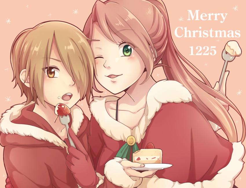 2girls bangs blonde_hair blush brown_eyes cake collarbone commentary_request food food_on_face fruit fur_trim gloves green_eyes hat jackie012 light_brown_hair long_hair long_sleeves looking_at_viewer multiple_girls one_eye_covered open_mouth original ponytail santa_costume santa_hat short_hair sidelocks simple_background smile strawberry strawberry_shortcake wife_and_wife yuri