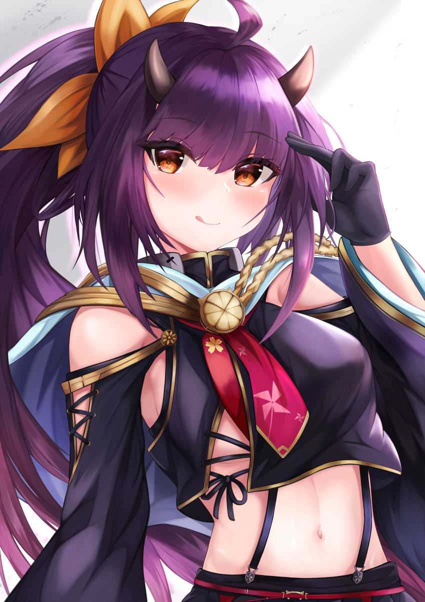 1girl :q absurdres ahoge azur_lane black_gloves black_shirt breasts crop_top crop_top_overhang gloves gold_trim hair_ribbon highres horns isuzu_(azur_lane) kikumon long_hair long_sleeves looking_at_viewer medium_breasts midriff navel off_shoulder orange_eyes ponytail purple_hair retrofit_(azur_lane) ribbon ryara_vivi shirt shoulder_cutout smile solo stomach suspenders tongue tongue_out upper_body very_long_hair wide_sleeves