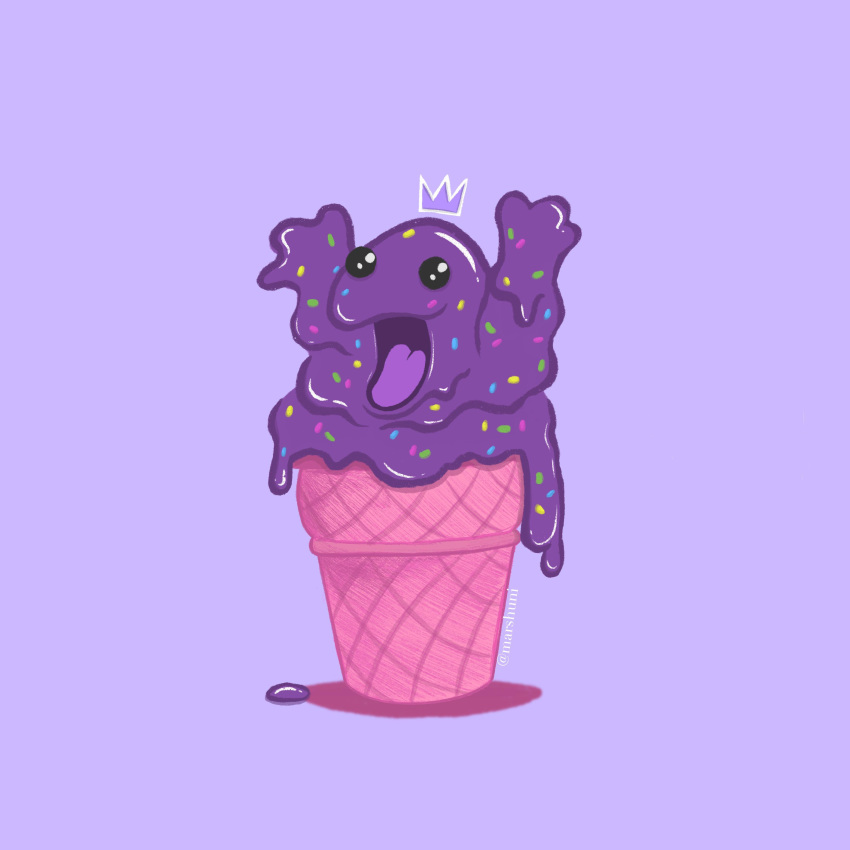 absurdres arms_up artist_name crown dripping food gen_1_pokemon grimer hands_up highres ice_cream ice_cream_cone lavender_background looking_at_viewer marshuni melting open_mouth pokemon simple_background sprinkles tongue