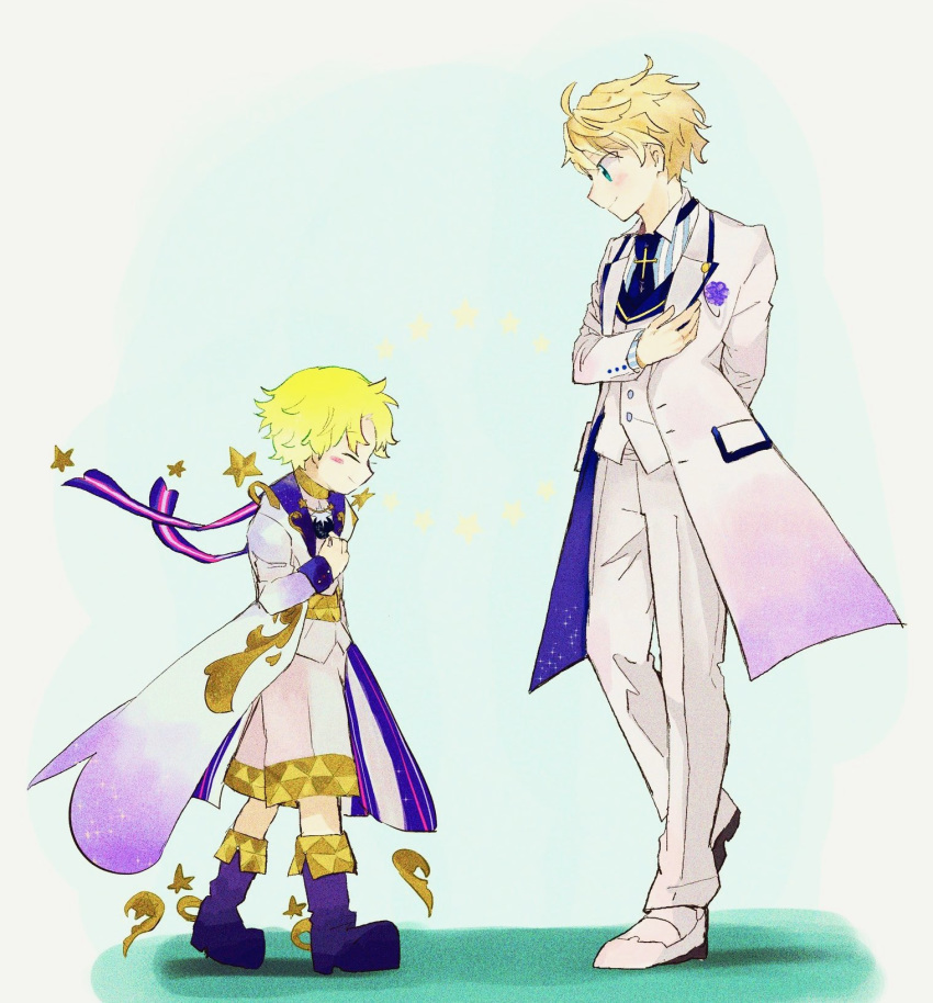 2boys ahoge alternate_costume arthur_pendragon_(fate) baggy_clothes bangs blonde_hair blush closed_eyes closed_mouth eyebrows_visible_through_hair fate/grand_order fate/prototype fate/requiem fate_(series) flower formal full_body gradient_hair green_eyes hair_between_eyes highres long_sleeves looking_at_another male_focus multicolored_hair multiple_boys necktie noha_kome parted_bangs purple_footwear sash shadow shiny shorts simple_background smile standing standing_on_one_leg star_(symbol) suit voyager_(fate/requiem) white_footwear white_suit