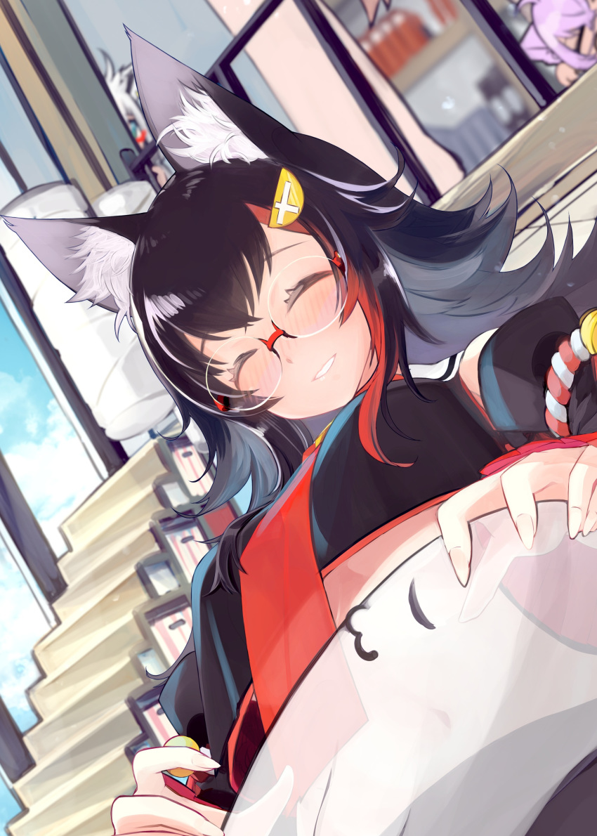 1girl :d ^_^ absurdres animal_ear_fluff animal_ears bell bespectacled black_hair blush breasts closed_eyes commentary_request detached_sleeves fang glasses hair_ornament hairclip highres hololive indoors long_hair long_sleeves looking_at_viewer midriff misonodenpati multicolored_hair navel ookami_mio open_mouth redhead skin_fang sleeveless smile solo_focus streaked_hair sweat upper_body virtual_youtuber wolf_ears yellow_eyes