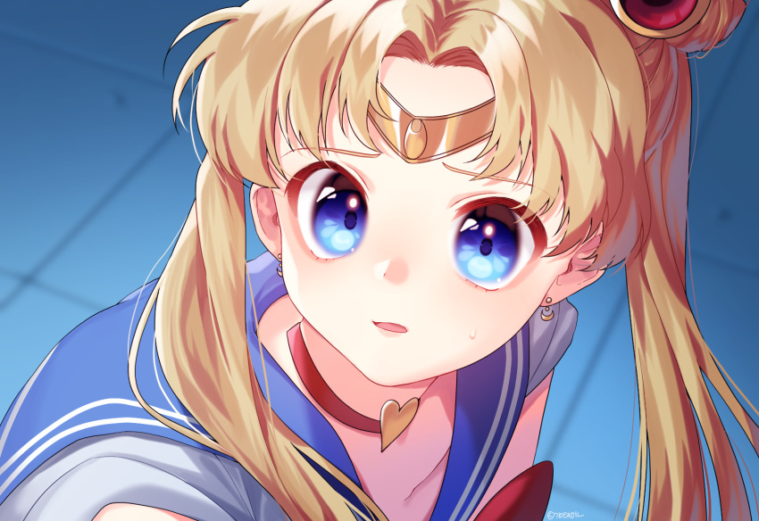 1girl bangs bishoujo_senshi_sailor_moon blonde_hair blue_eyes blue_sailor_collar choker circlet collarbone commentary crescent crescent_earrings earrings hair_over_shoulder heart heart_choker highres jewelry long_hair looking_at_viewer open_mouth parted_bangs red_choker sailor_collar sailor_moon sailor_moon_redraw_challenge sailor_senshi_uniform solo taemin twintails upper_body