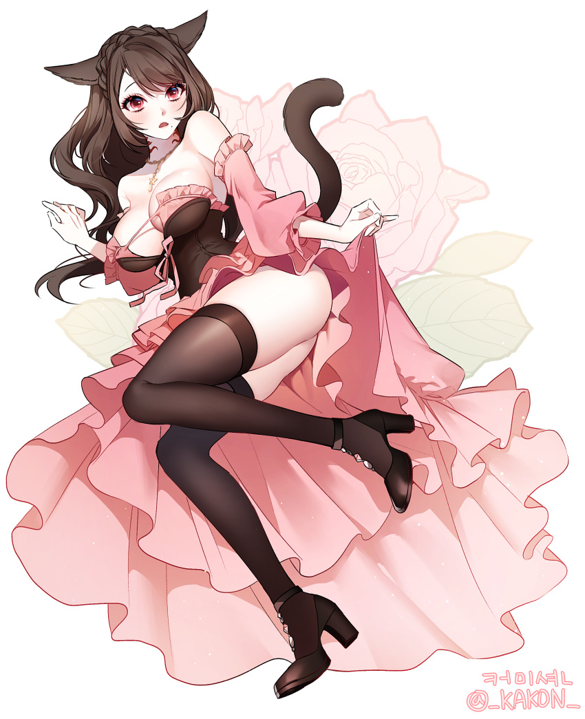 1girl absurdres animal_ears bangs bare_shoulders between_breasts black_footwear black_legwear blush braid breasts brown_hair cat_ears cat_tail crown_braid detached_sleeves dress eyelashes facial_mark final_fantasy final_fantasy_xiv floral_background frills full_body high_heels highres iso1206 jewelry large_breasts long_hair looking_at_viewer lying miqo'te mole mole_under_mouth necklace on_side parted_lips pink_dress pink_ribbon pinky_out red_eyes ribbon skirt_hold surprised swept_bangs tail thigh-highs underbust white_background