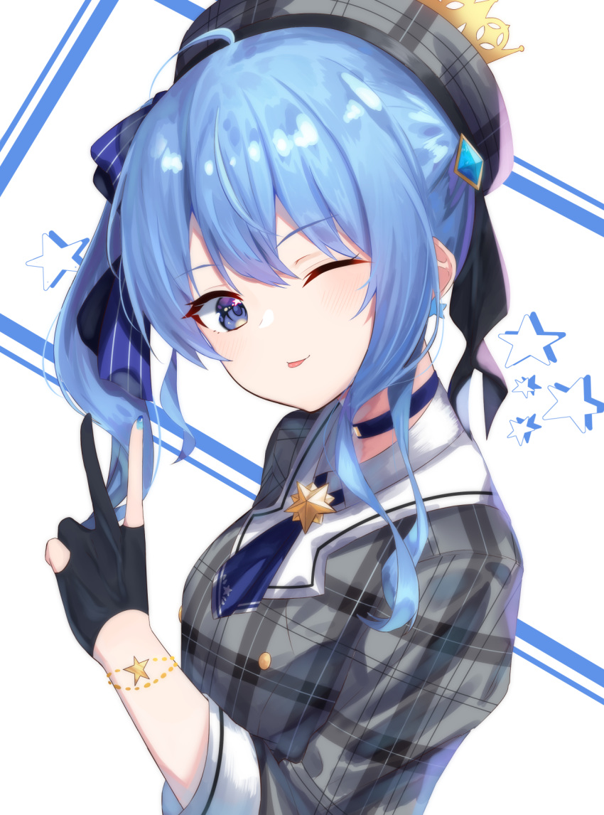 1girl ;p ahoge bangs beret black_gloves blue_bow blue_choker blue_eyes blue_hair blue_nails blue_neckwear blush bow breasts choker closed_mouth collared_shirt eyebrows_visible_through_hair gloves grey_headwear grey_jacket hair_between_eyes hair_bow hat highres hololive hoshimachi_suisei jacket kuki_panda_(wkdwnsgk13) long_hair long_sleeves looking_at_viewer nail_polish one_eye_closed partly_fingerless_gloves plaid_hat plaid_jacket shirt side_ponytail sidelocks small_breasts solo starry_background striped striped_bow tongue tongue_out upper_body virtual_youtuber white_background white_shirt