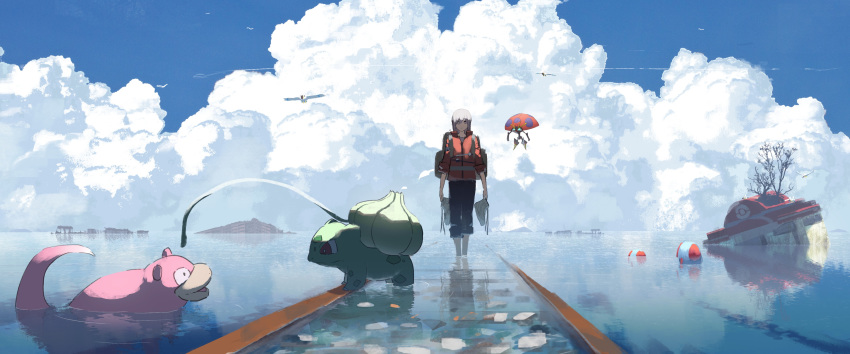 1girl absurdres asteroid_ill backpack bag bird bulbasaur carrying clouds cloudy_sky commentary_request flying gen_1_pokemon gen_3_pokemon gen_8_pokemon highres jacket looking_at_viewer orbeetle outdoors pokemon pokemon_center red_jacket reflection rock shoes sky slowpoke tentacool tree walking water white_backpack white_hair wingull