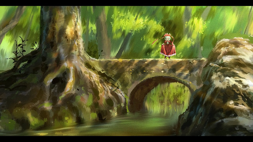 1girl bridge day dress forest front_ponytail full_body green_hair hair_ribbon kagiyama_hina letterboxed nature one-hour_drawing_challenge outdoors red_dress red_ribbon ribbon river skirt_hold solo suzu_(susan_slr97) touhou tree wide_sleeves