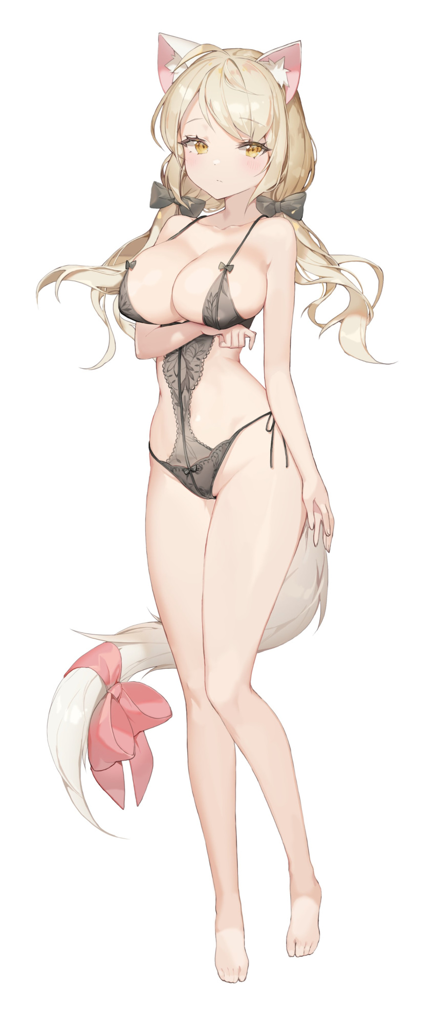 1girl absurdres animal_ears blonde_hair bow breasts chyo fox_ears fox_girl fox_tail hair_bow highres large_breasts lingerie low_twintails original see-through simple_background solo symbol_commentary tail twintails underwear underwear_only white_background yellow_eyes