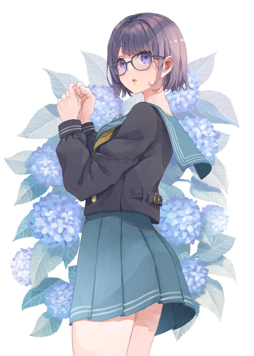 1girl :o akira_(mr_akira) bangs black-framed_eyewear black_shirt blue_sailor_collar blue_skirt blush cowboy_shot floral_background flower from_side glasses hands_up highres hydrangea looking_at_viewer looking_to_the_side open_mouth original own_hands_together pleated_skirt purple_hair sailor_collar school_uniform serafuku shirt short_hair skirt solo thighs violet_eyes