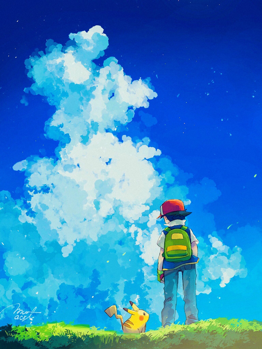 1boy artist_name backpack bag blue_jacket blue_sky clouds cloudy_sky commentary_request denim gen_1_pokemon grass green_backpack highres jacket jeans looking_at_another looking_away looking_up mu_acrt pants pikachu pokemon red_headwear satoshi_(pokemon) sky white_headwear