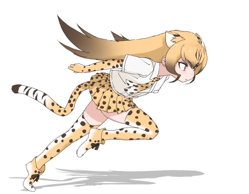 1girl :&lt; animal_ears black_hair blonde_hair brown_hair cheetah_(kemono_friends) cheetah_ears cheetah_print cheetah_tail closed_mouth elbow_gloves extra_ears eyeshadow floating_hair from_side full_body gloves highres kakanashi1 kemono_friends long_hair looking_afar makeup miniskirt multicolored_hair pleated_skirt print_footwear print_gloves print_legwear print_neckwear print_skirt running shirt shoes short_sleeves sidelocks simple_background skirt solo tail thigh-highs white_background white_shirt yellow_eyes zettai_ryouiki