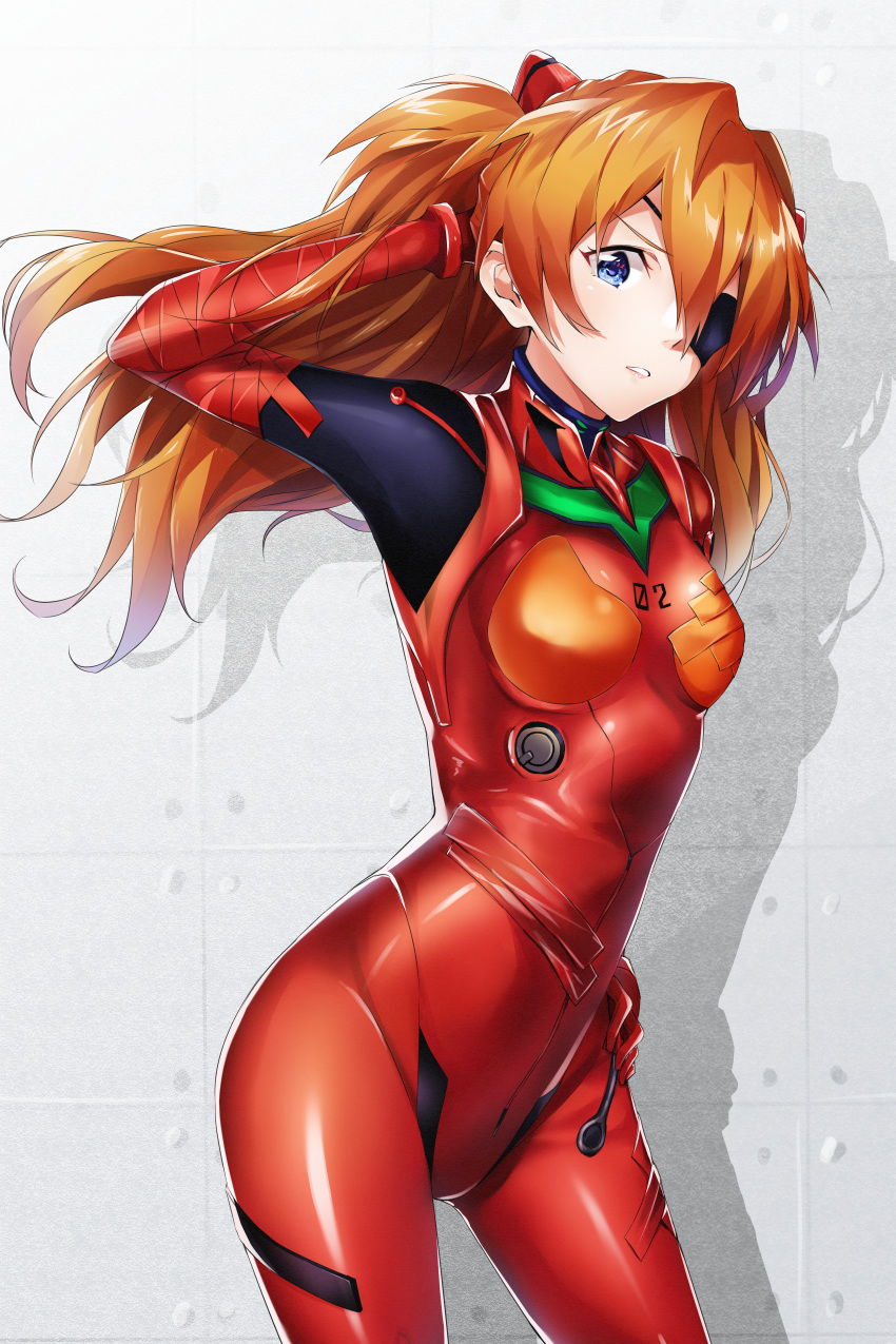 1girl absurdres blue_eyes bodysuit breasts brown_hair contrapposto cowboy_shot eyepatch floating_hair hand_in_hair hand_on_hip headgear highres huge_filesize long_hair looking_at_viewer neon_genesis_evangelion parted_lips plugsuit red_bodysuit shikinami_asuka_langley shiny shiny_clothes shiny_hair small_breasts solo souryuu_asuka_langley standing very_long_hair yumemo