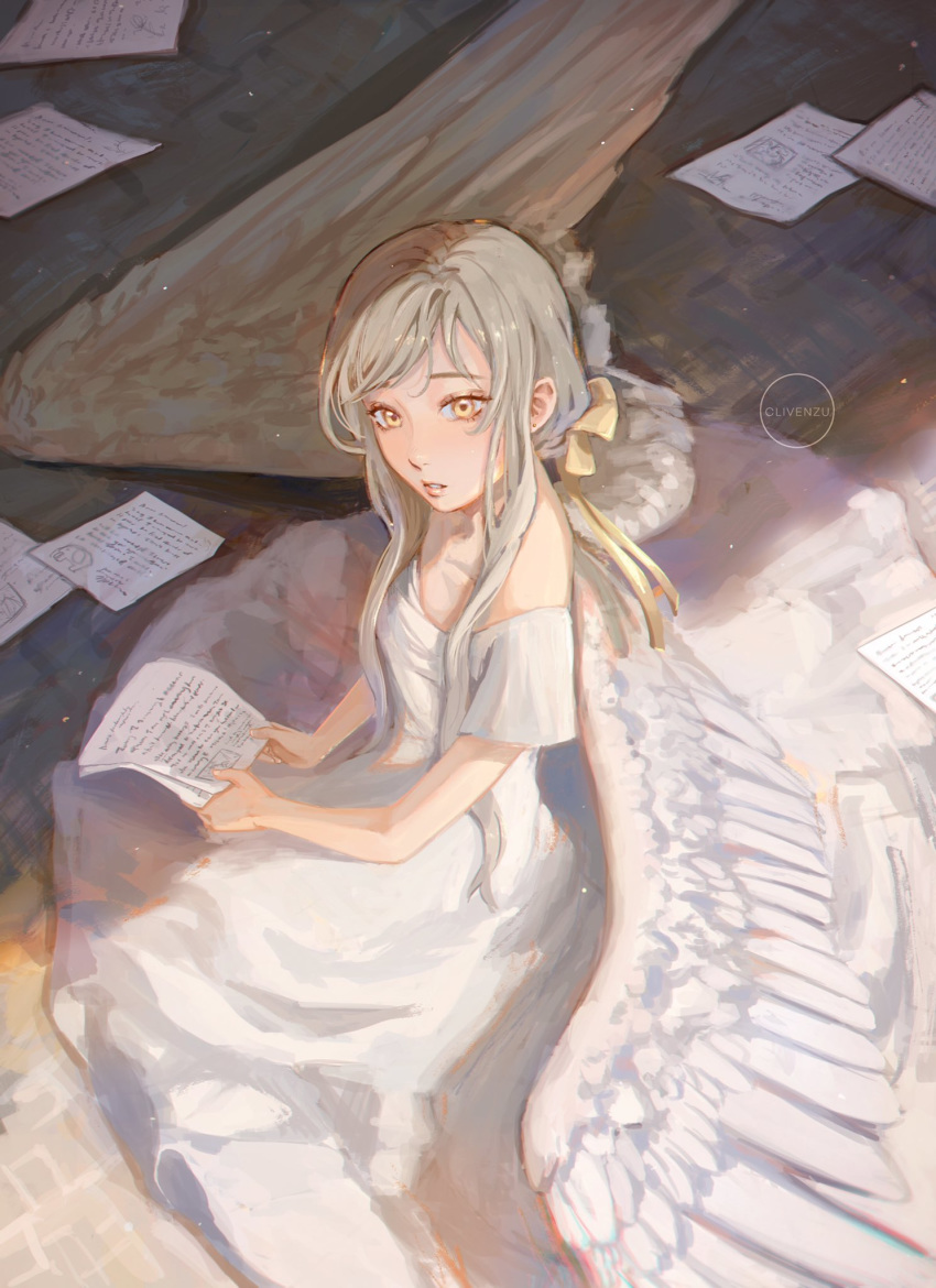 1girl angel_wings artist_name clivenzu commentary dress english_commentary feathered_wings grey_hair hair_ribbon highres long_dress long_hair looking_at_viewer original paper parted_lips ribbon short_sleeves sitting solo spread_wings white_dress wings writing yellow_eyes yellow_ribbon