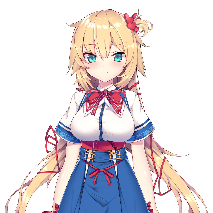 1girl absurdres akai_haato arms_at_sides blonde_hair blue_eyes blue_skirt blush breasts closed_mouth cowboy_shot eyebrows_visible_through_hair hair_ornament hair_ribbon haruyuki_(yukichasoba) heart heart_hair_ornament high-waist_skirt highres hololive large_breasts long_hair looking_at_viewer neck_ribbon one_side_up red_neckwear red_ribbon ribbon sash shirt short_sleeves simple_background skirt smile solo very_long_hair white_background white_shirt