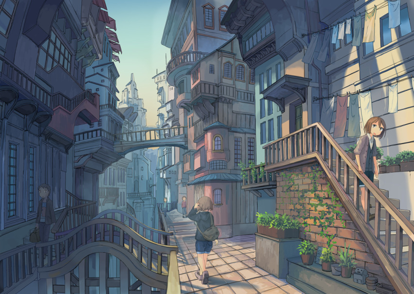 2boys 3girls bag bridge brown_hair cityscape clothesline commentary laundry multiple_boys multiple_girls original plant potted_plant scenery short_hair short_shorts shorts stairs walking wu_ba_pin