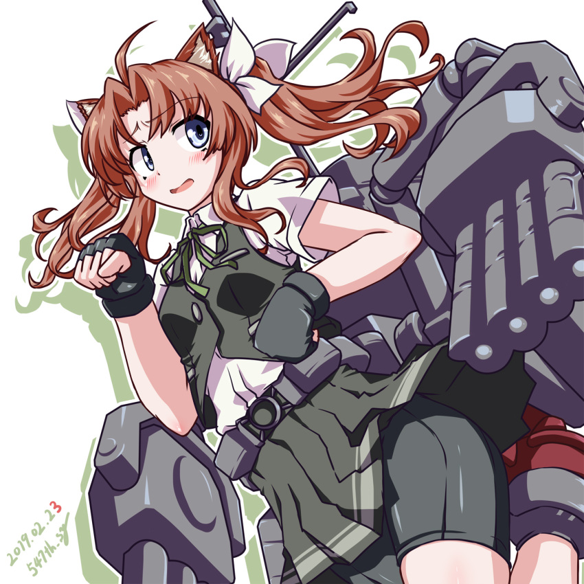 1girl 547th_sy ahoge animal_ears bike_shorts black_gloves black_shorts brown_hair cat_ears cowboy_shot dated fingerless_gloves gloves green_ribbon grey_skirt grey_vest hair_ribbon highres kagerou_(kantai_collection) kantai_collection long_hair neck_ribbon pleated_skirt remodel_(kantai_collection) ribbon school_uniform shirt short_sleeves shorts shorts_under_skirt simple_background skirt solo twintails twitter_username vest white_background white_ribbon white_shirt