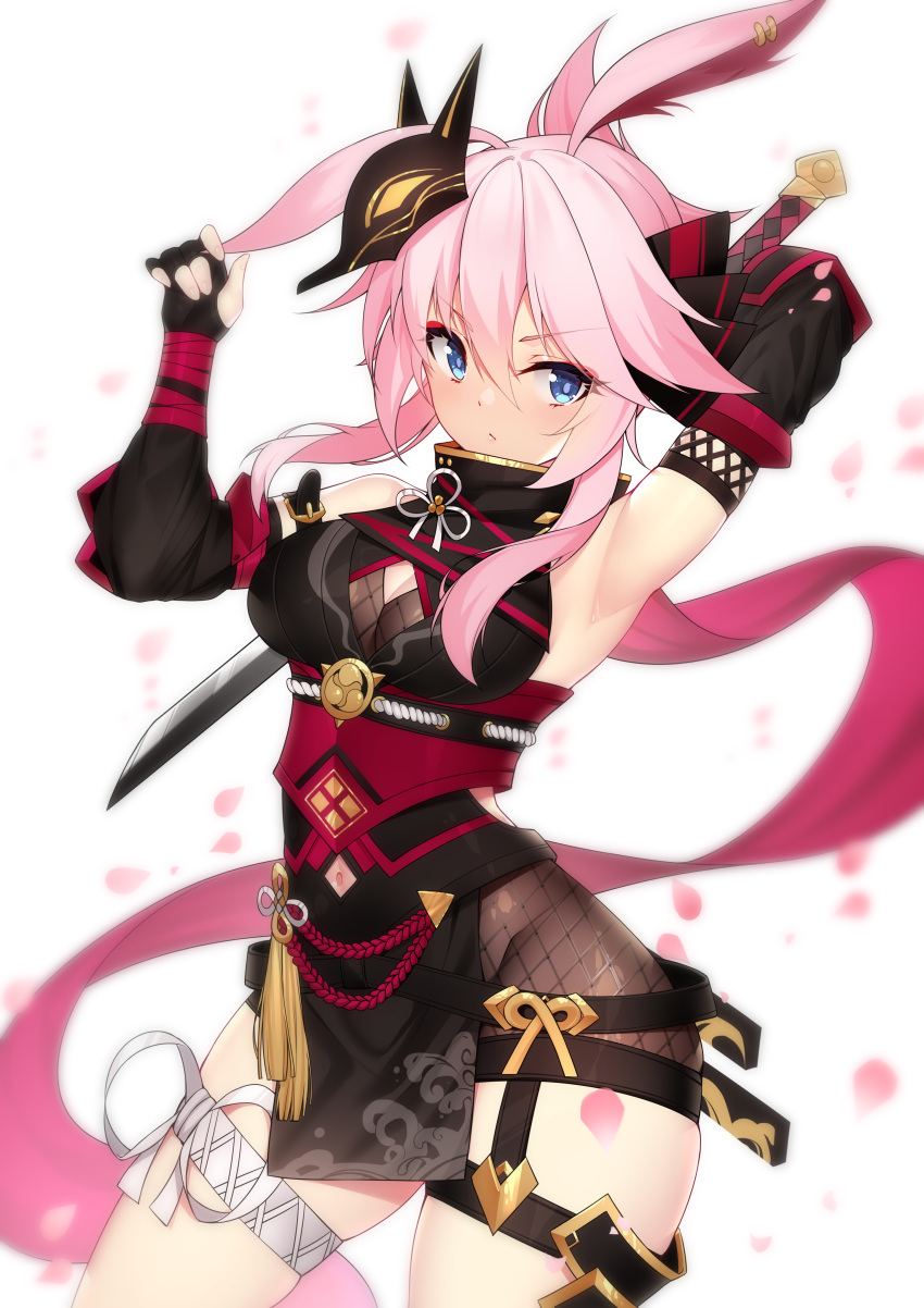 1girl absurdres animal_ears armpits bangs blue_eyes blush breasts commentary_request eyebrows_visible_through_hair fox_ears frown hair_between_eyes highres holding holding_sword holding_weapon honkai_(series) honkai_impact_3rd large_breasts leaf long_hair looking_at_viewer navel pink_hair ribbon ribobn simple_background solo sword very_long_hair weapon white_background white_ribbon wu_yao_jun yae_sakura